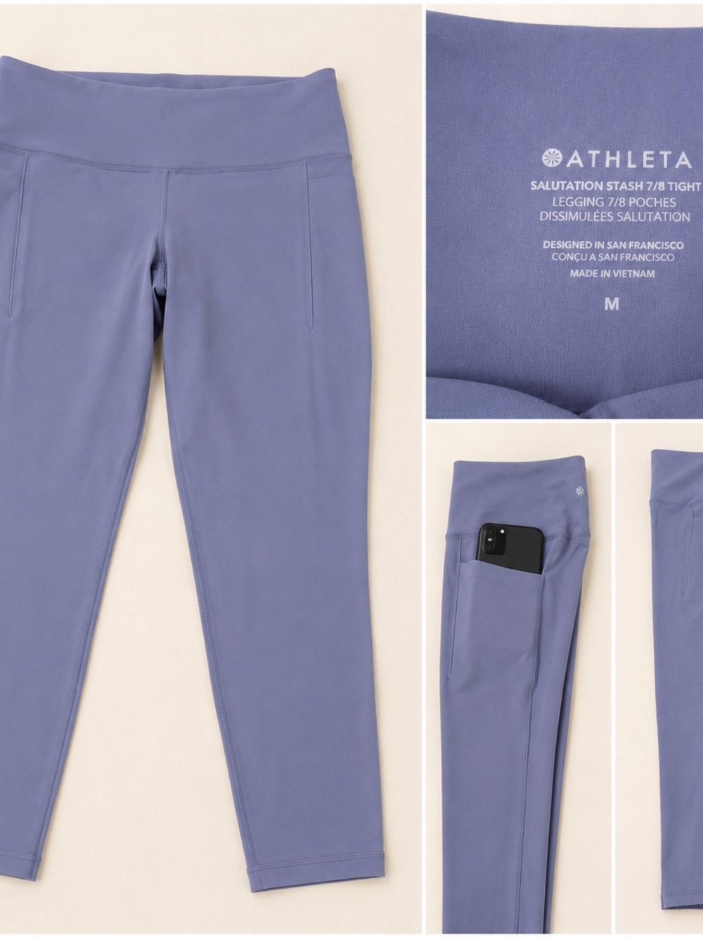 Athleta Salutation Stash 7/8 Tight Leggings M Periwinkle Side Pockets